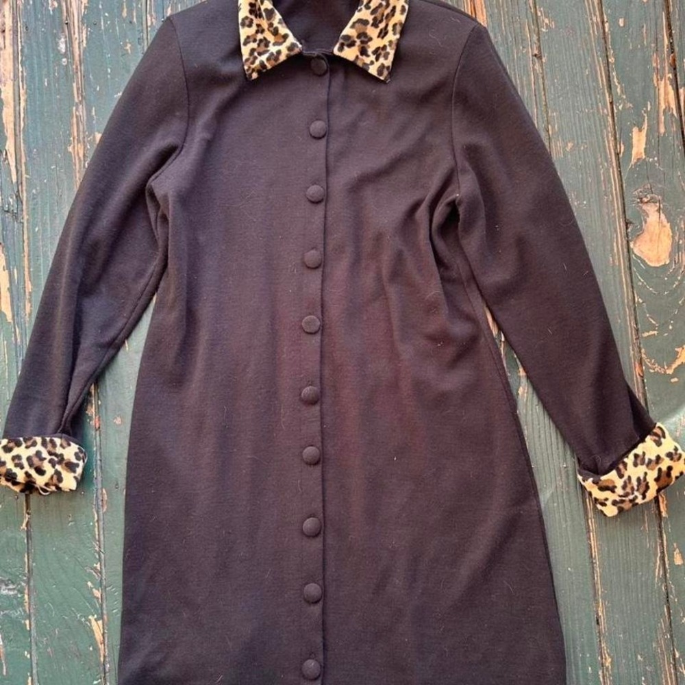 Black leopard print dress with button up front and collar